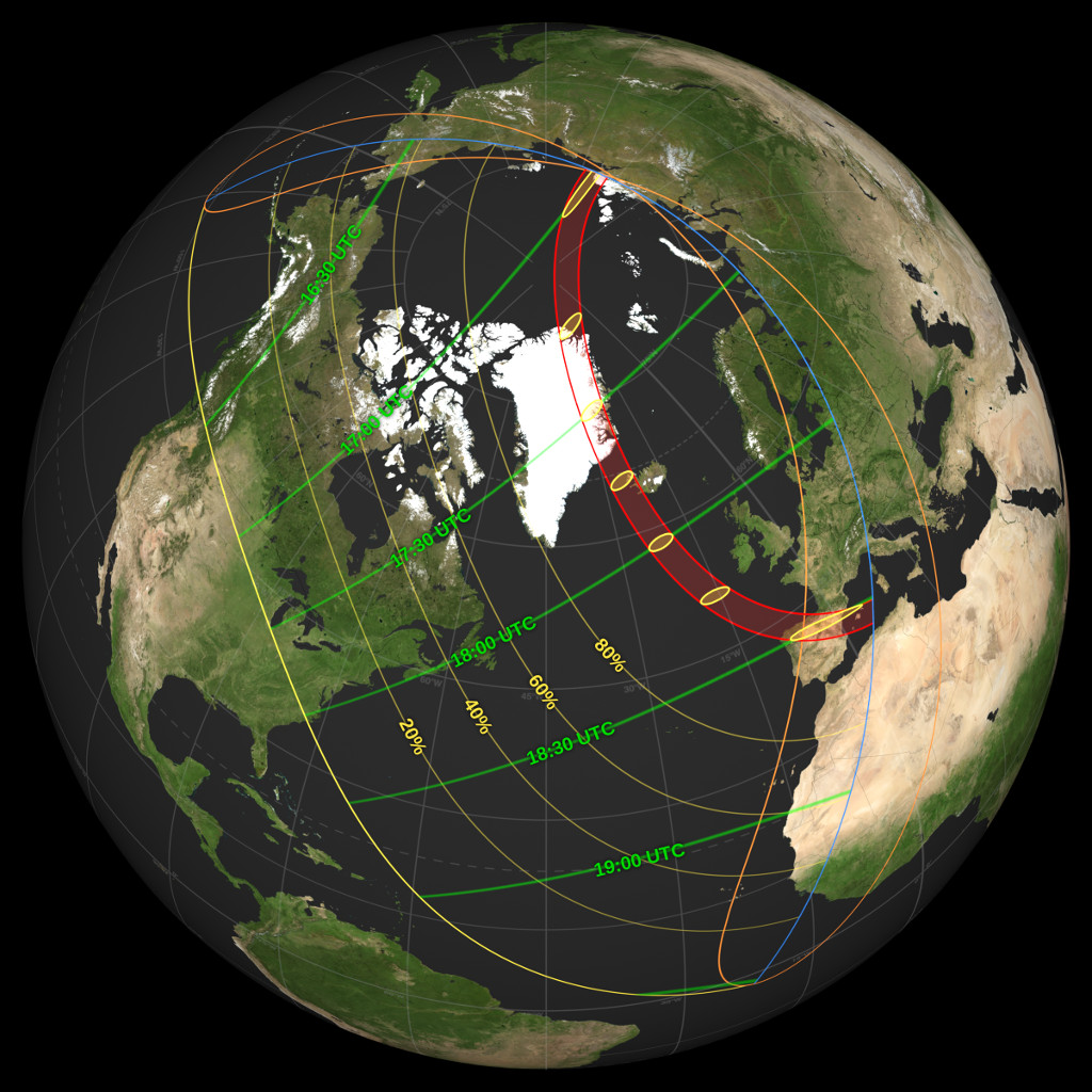 NASA map of the August 12, 2026 total solar eclipse showing the path of totality crossing the Arctic, Greenland, Iceland and Spain, with surrounding lines marking partial-eclipse percentages