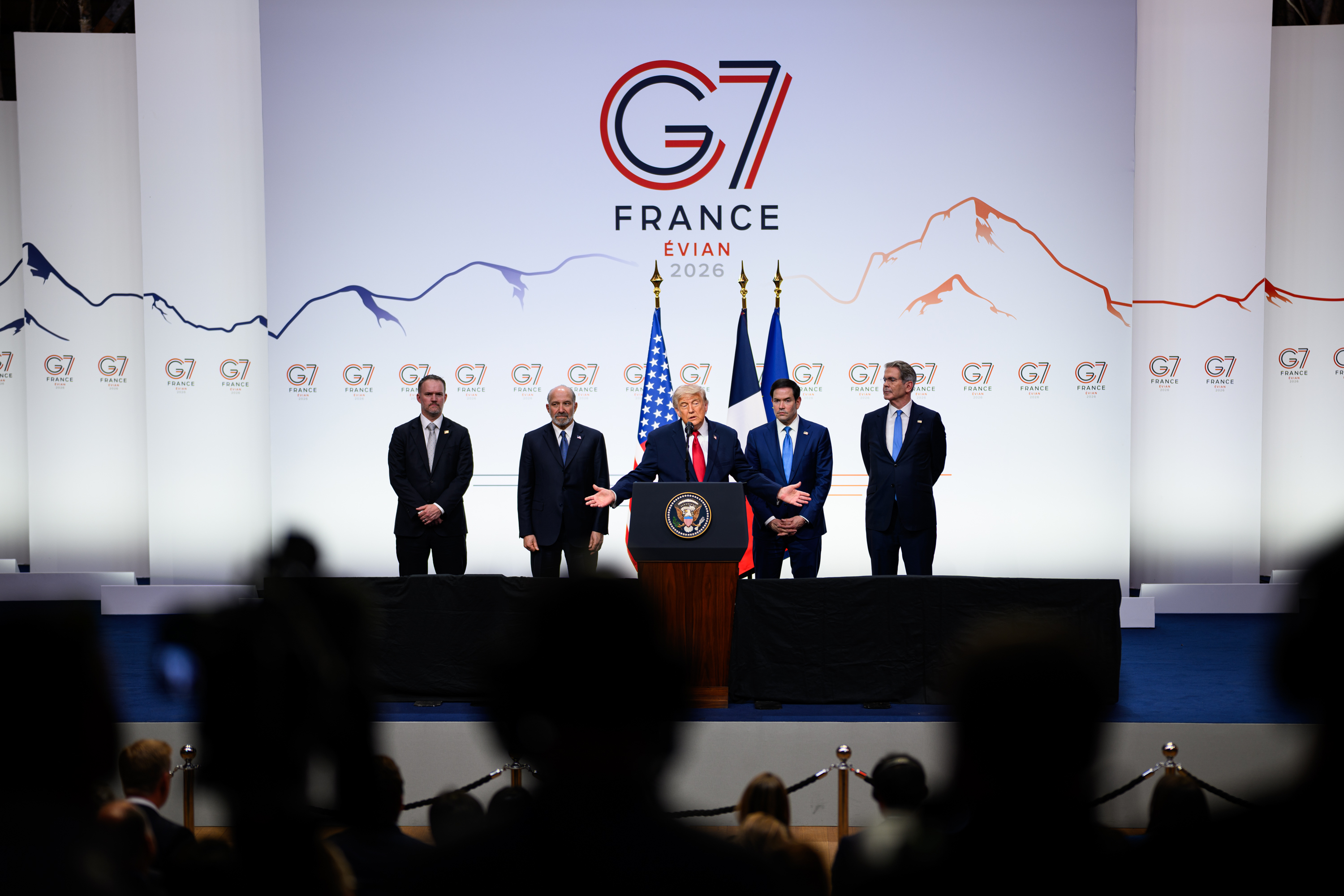 President Trump speaks at a lectern during a press conference at the G7 summit in Evian-les-Bains, France, on June 17, 2026